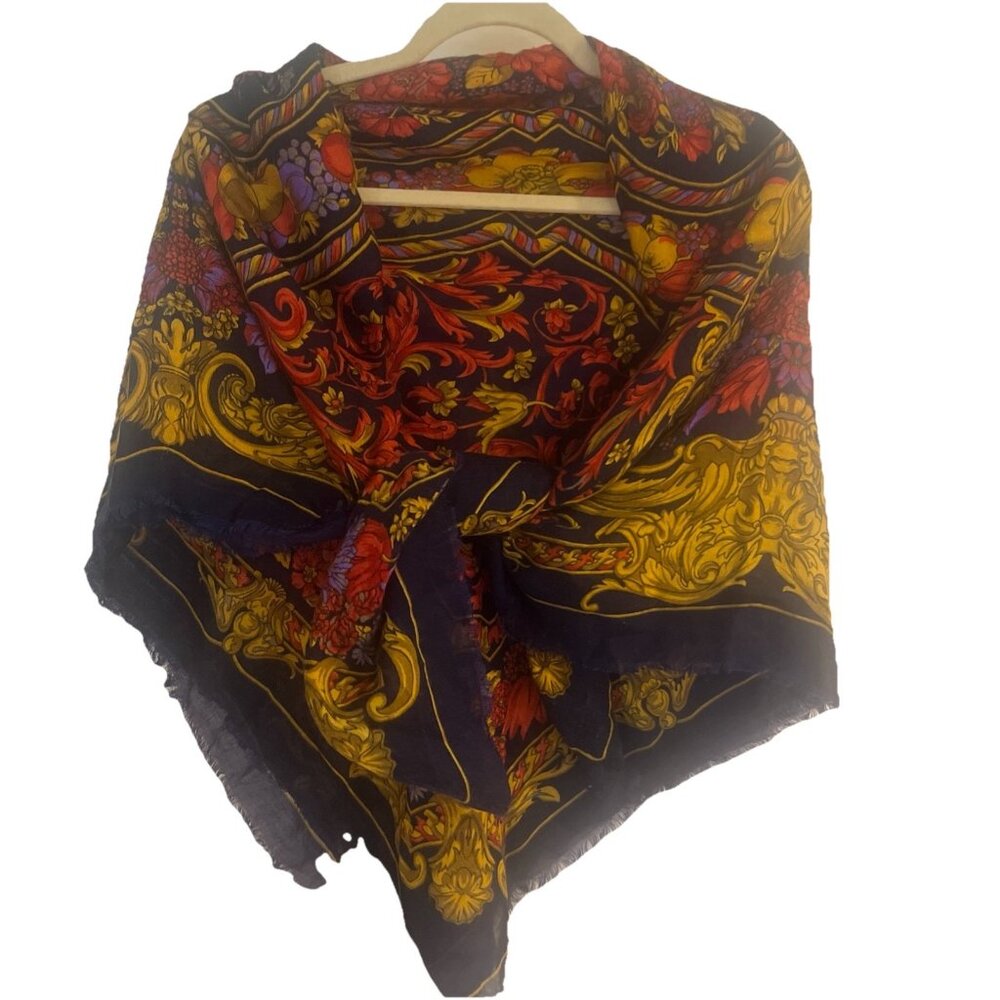 CHALLIS by Berkshire Vintage Purple Gold Floral Abstract 50”Scarf Made in Japan